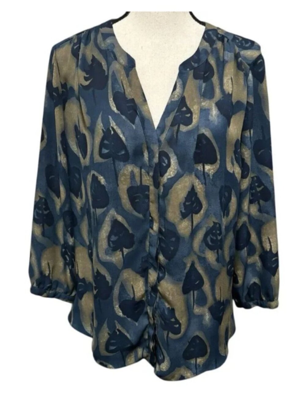 NYDJ NWOT Women's Blue/Green Leaf Print Pintuck Blouse, Size XLarge